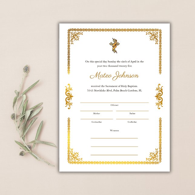 Elegante certificado católico de bautismo con acen (Gold Accents Elegant Catholic Baptism Certificate)