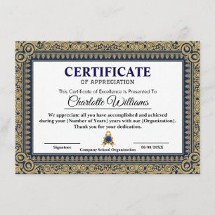 Elegante Certificado de Agradecimiento Azul Oro