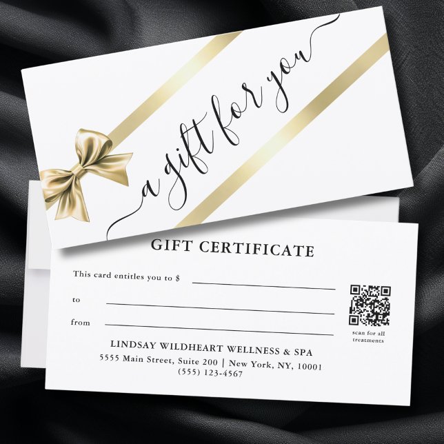 ELEGANTE CERTIFICADO DE REGALO CON CINTA DE ORO BL (ELEGANT GOLD WHITE RIBBON QR CODE BUSINESS GIFT CERTIFICATE)