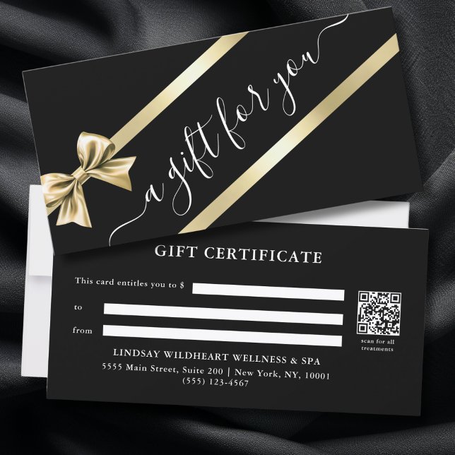 ELEGANTE CERTIFICADO DE REGALO CON CINTA DE ORO NE (ELEGANT GOLD BLACK RIBBON QR CODE BUSINESS GIFT CERTIFICATE)