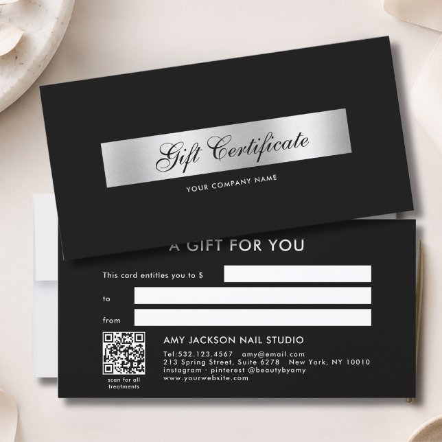 Elegante certificado de regalo con código QR de pl (Elegant Black Silver QR Code Gift Certificate)