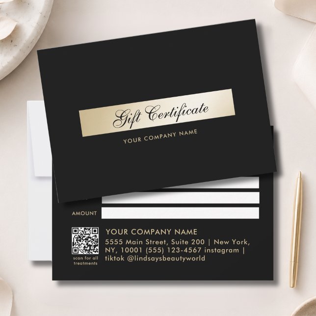 Elegante Certificado de Regalo con Código QR en Ne (Elegant Black Gold QR Code Gift Certficate)