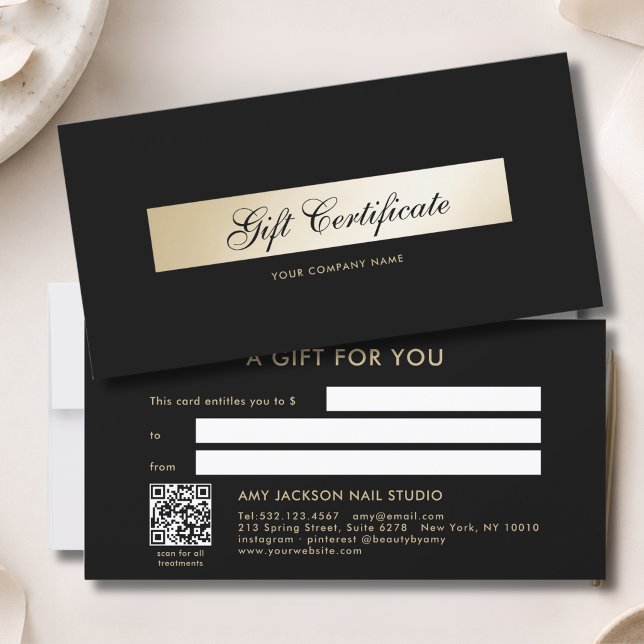 Elegante Certificado de Regalo con Código QR en Or (Elegant Black Gold QR Code Gift Certificate)