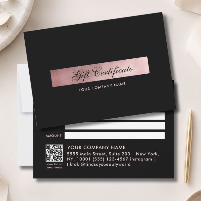 Elegante certificado de regalo con código QR en ro (Elegant Black Rosegold QR Code Gift Certficate)