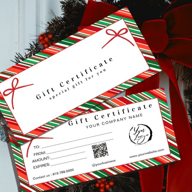 Elegante certificado de regalo con lazo a rayas ro (Elegant Red & Green Striped Gift Certificate with Bows #zazzlemade #christmasvouchercard #holiday)
