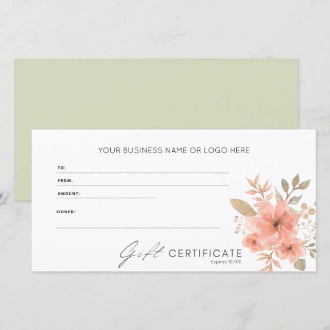 Elegante Certificado de Regalo con Logotipo Floral (Anverso / Reverso)