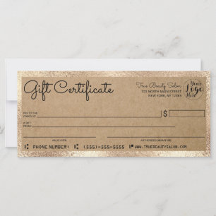 Elegante certificado de regalo de cheques de oro m