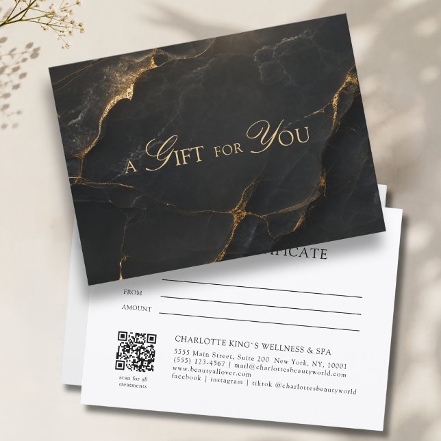 Elegante certificado de regalo de código QR de már (A Gift for You! Black Gold Marble QR Code Gift Certificate)