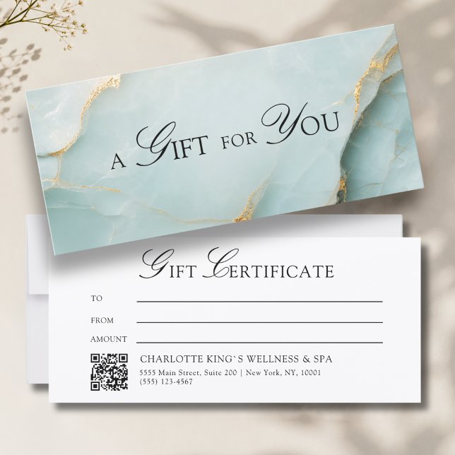 Elegante Certificado de Regalo de Código QR de Már (A Gift for You! Blue Gold Marble QR Code Gift Certificate)