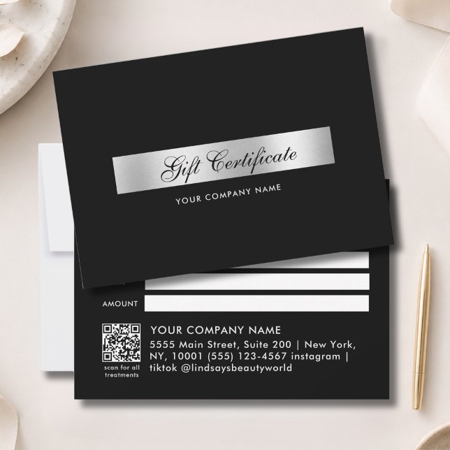 Elegante certificado de regalo de código QR negro  (Elegant Black Silver QR Code Gift Certficate)