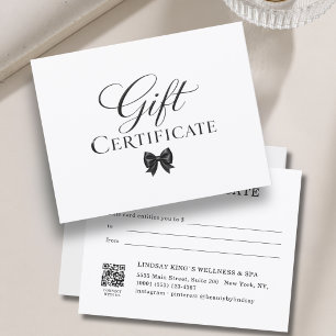 Elegante certificado de regalo de lazo blanco y ne