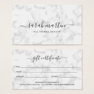 Elegante certificado de regalo de mármol de salón 