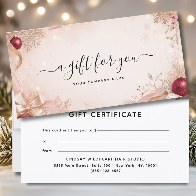 Elegante certificado de regalo de Navidad para neg (Elegant Christmas Blush Pink Red Gold Business Gift Certificate)