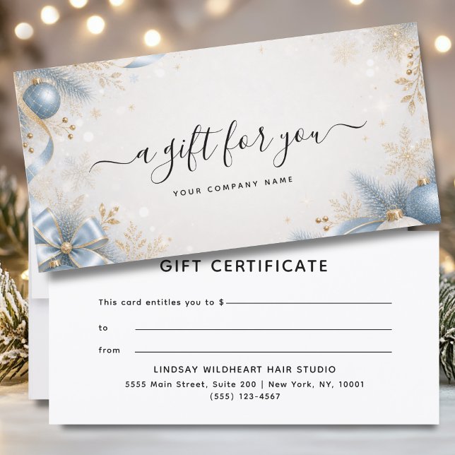 Elegante certificado de regalo de Navidad para neg (Elegant Christmas Business Beige Blue Gold Gift Certificate)