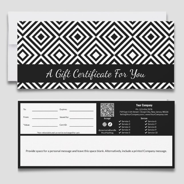 Elegante certificado de regalo de patrón de mosaic (Elegant Black White Tile Pattern Gift Certificate, QR-code, Terms, Track-ID, Write Note)