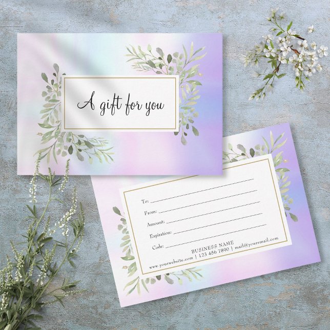 Elegante certificado de regalo de primavera hologr (Elegant Holographic Spring Leaves Gift Certificate)