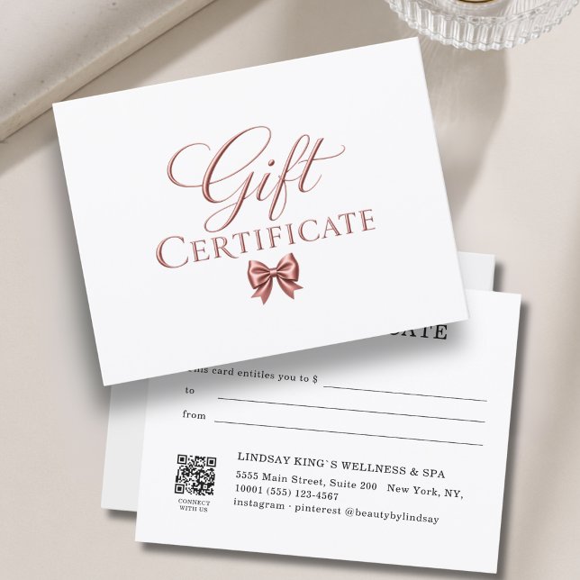 Elegante certificado de regalo de Rosa de Oro Blan (Elegant Bow White Rosegold Gift Certificate)
