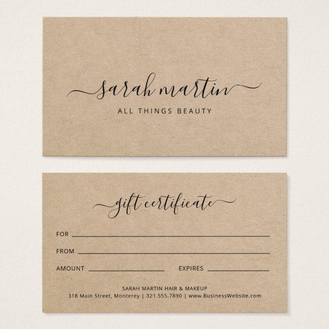 Elegante certificado de regalo de salón de belleza (Anverso y reverso)