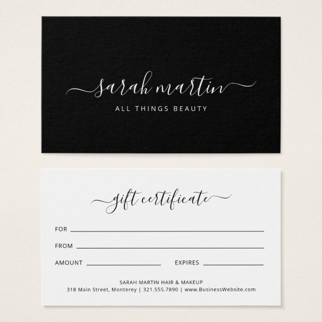 Elegante certificado de regalo de salón de belleza (Anverso y reverso)