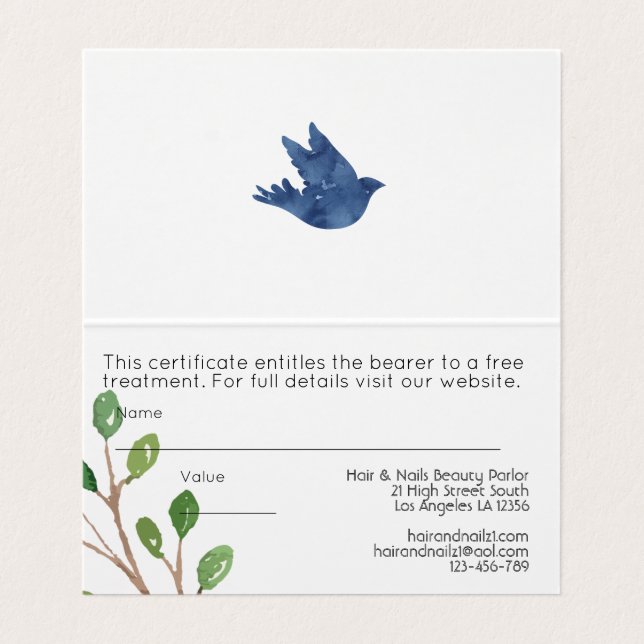 Elegante certificado de regalo Floral azul - Añadi (Interior desplegado)