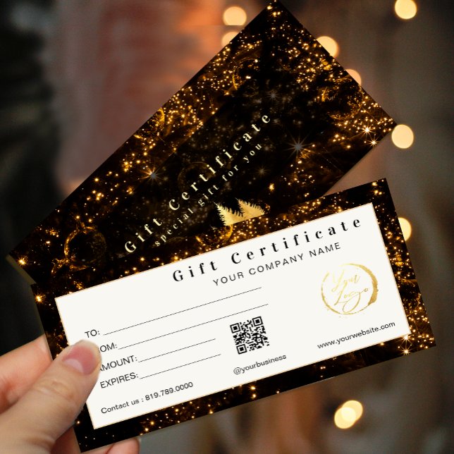 Elegante certificado de regalo negro y oro (Elegant Black and Gold Gift Certificate Cards #christmas #newyear #jounery #wintergiftcard #chick)
