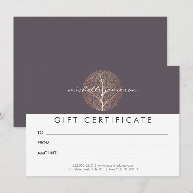 Elegante Certificado de Regalo Purple de Hoja de O (Anverso / Reverso)