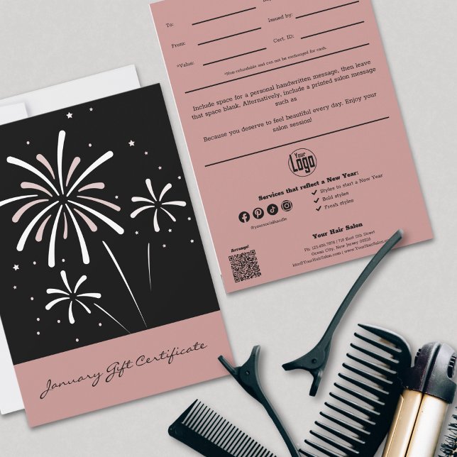 Elegante certificado de regalo rosa y negro de ene (Stylish Pink and Black January Gift Certificate, Hairstylist, Logo, Social, QR Code)