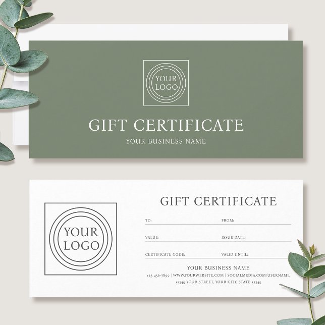Elegante certificado de regalo verde con logotipo  (Subido por el creador)