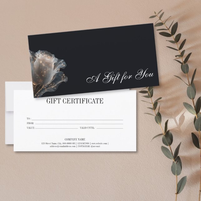 Elegante certificado profesional de regalo (elegant glitter white rose on the black background, gift certificate)