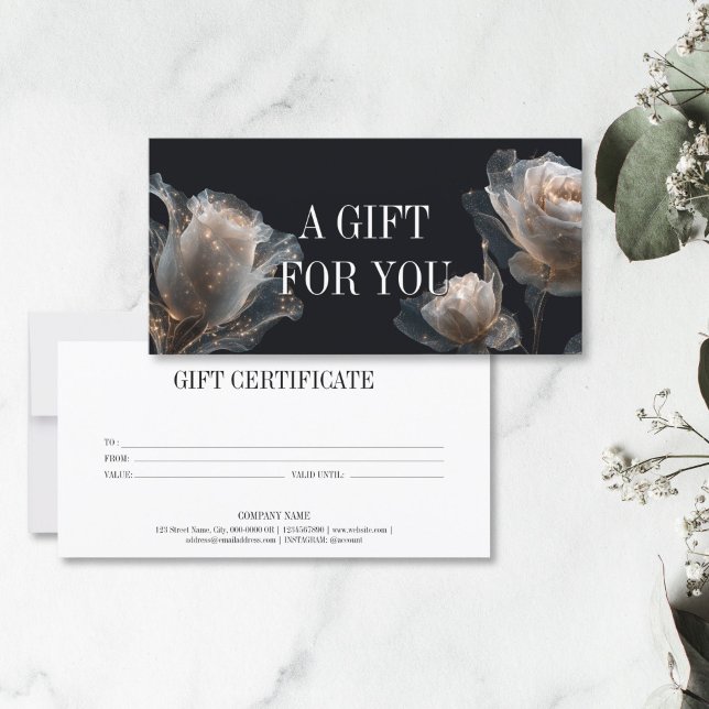 Elegante certificado profesional de regalo (elegant glitter white rose on the black background, gift certificate)