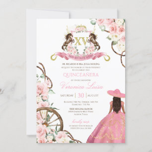 Elegante Charro Rosa Quinceanera Invitación Floral