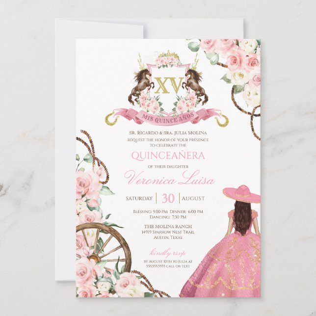 Elegante Charro Rosa Quinceanera Invitación Floral (Anverso)