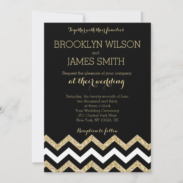 Elegante Chevron Invitaciones A La Boda De Oro Y N (Anverso)