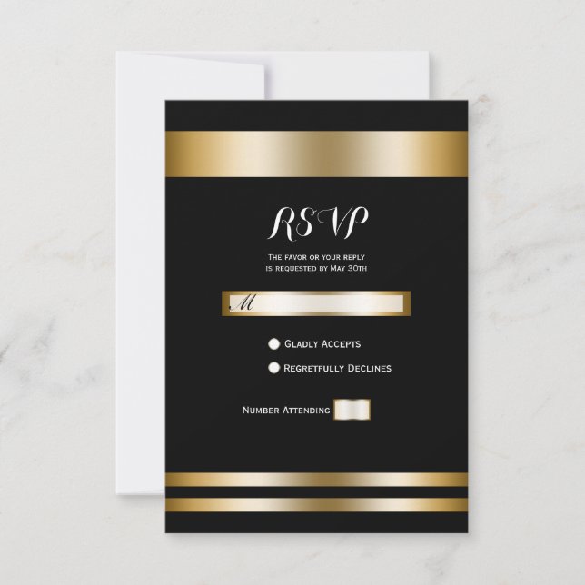 Elegante Chic Boda de Fiesta RSVP Negro y Dorado (Anverso)