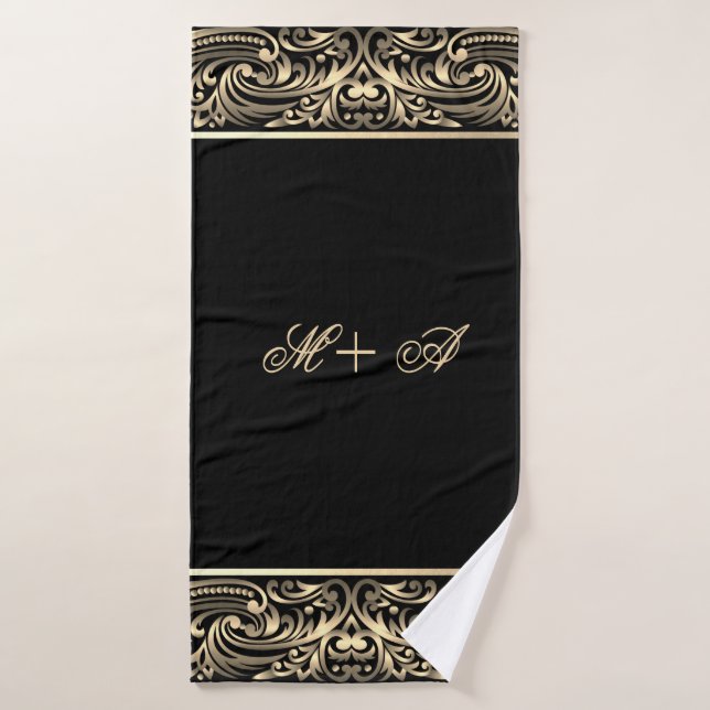 Elegante Chic Monograma con Remolinos de Oro Negro (Toalla de baño)