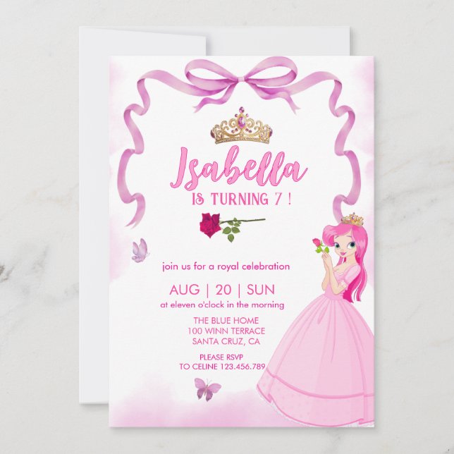 Elegante Chica de la princesa invitación de cumple (Anverso)