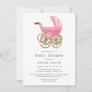 Elegante Chica de Pram Rosa Invitación de Baby Sho