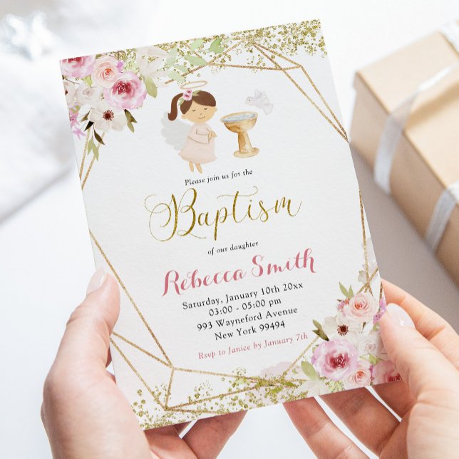 Elegante Chica floral de oro rosa invitación al ba (Subido por el creador)