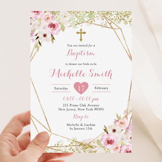 Elegante Chica floral rosa dorado invitación al ba (Subido por el creador)