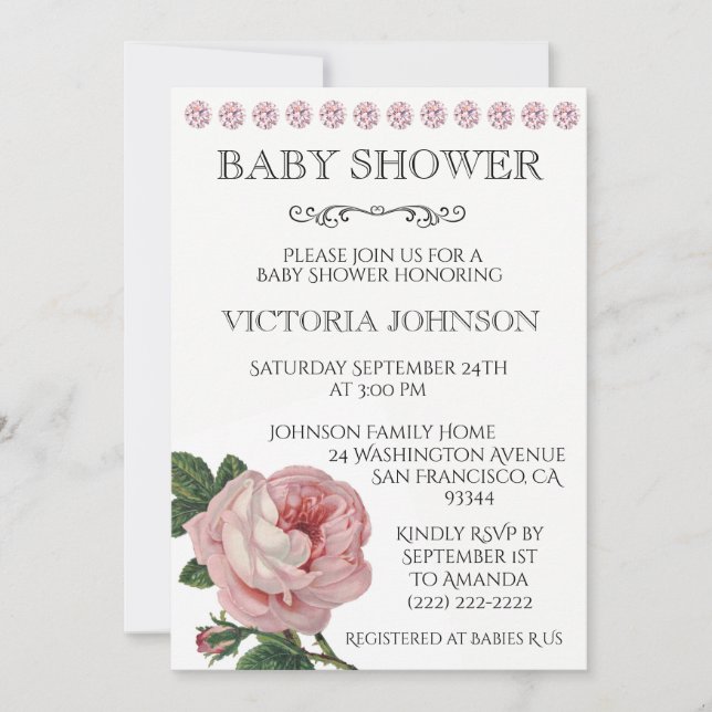 Elegante Chica Rosa Rosa, Invitaciones A La Ducha (Anverso)