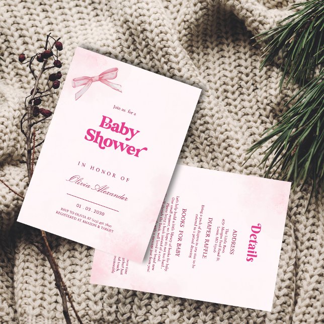 Elegante Chica rosado Bow Baby Shower Invitación (Subido por el creador)