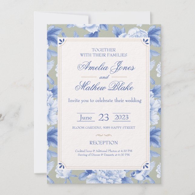 Elegante Chinoiserie Delft Invitación a la Boda Az (Anverso)
