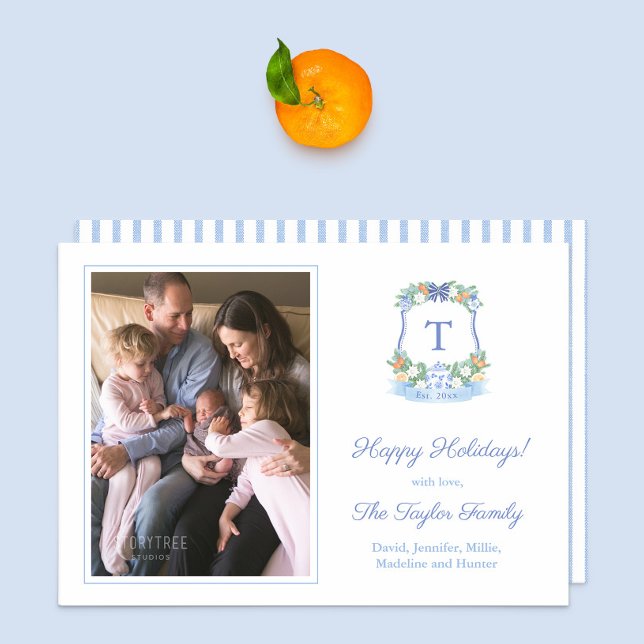 Elegante Citrus Blanco Azul Fotos de Navidad (Blue and white citrus monogram crest family picture holidays card. Blue white stripes on reverse)