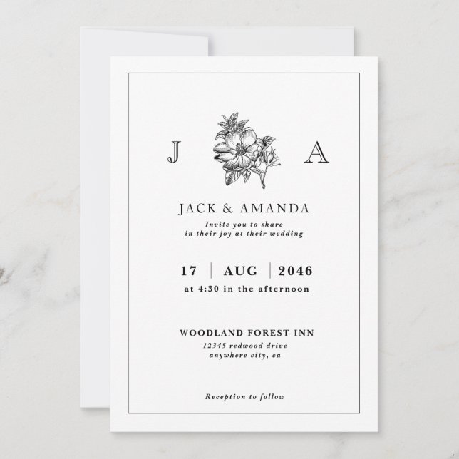 Elegante clásico Invitación a la boda blanca y neg (Anverso)