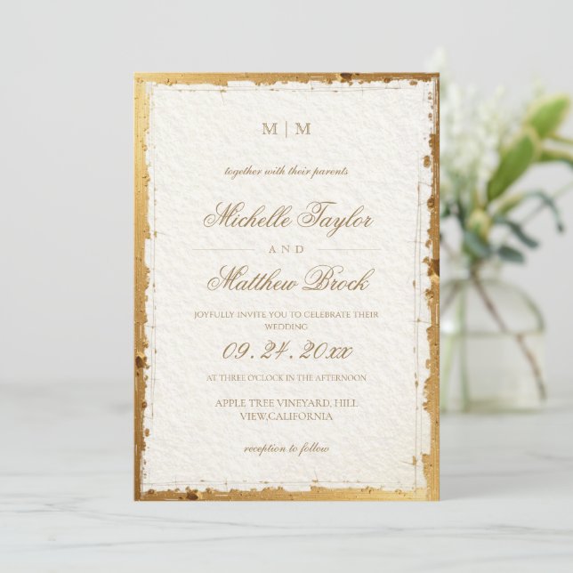 Elegante Clásico Invitación de Boda de Oro Blanco (Anverso de pie)