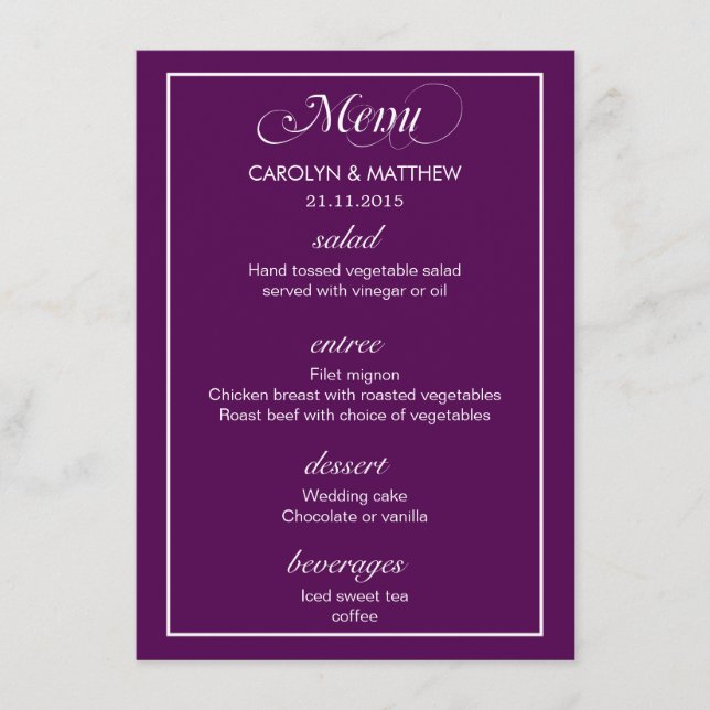 Elegante Clásico Menú de Boda Simple Morado 3 (Anverso)