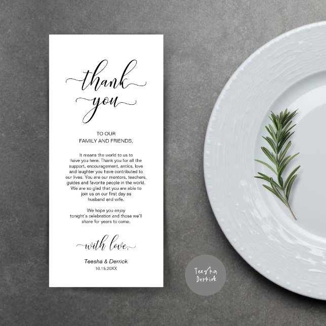 Elegante Clásico Negro, Lugar Ajuste Tarjeta De Gr (Wedding Dinner Place Setting Thank You Card, Modern Classy Design, Black and White)