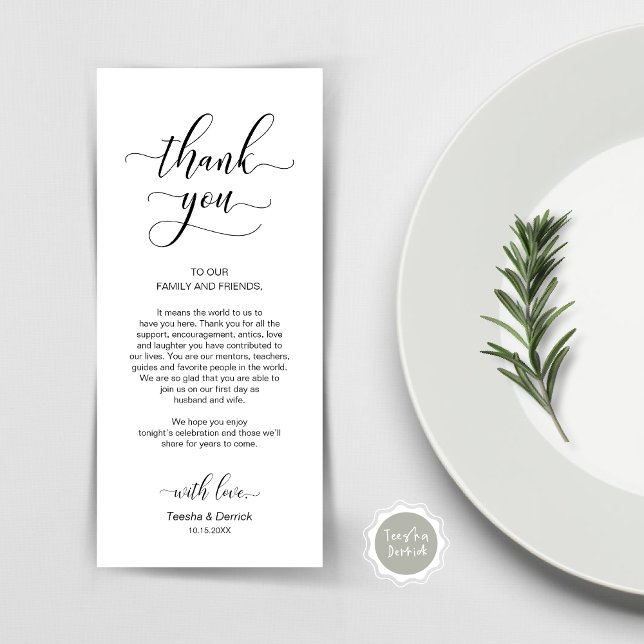 Elegante Clásico Negro, Lugar Ajuste Tarjeta De Gr (Wedding Dinner Place Setting Thank You Card, Plate Decor, Modern Classy, in Black and White)