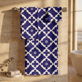 Elegante Clásico Patrón Mosaico Azul Marino y Blan