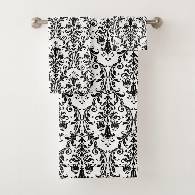 Elegante Classic Black Floral Damask On White (In situ)
